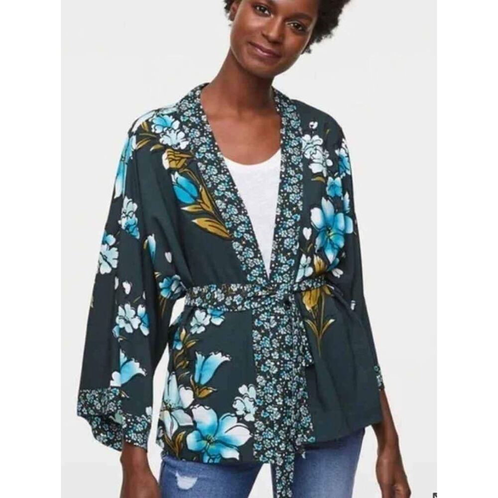 Ann Taylor Loft Open Front Kimono Blouse with sash tie belt XL